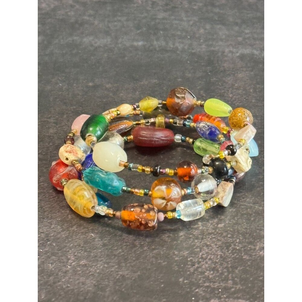 Vintage Art Glass & Gemstone Multi-Color Wrap Bracelet Boho Style - Picture 9 of 10